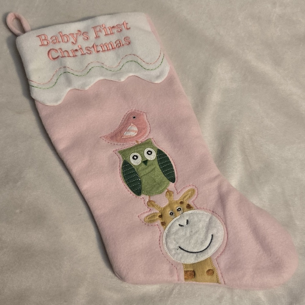 Baby's First Christmas Stocking Pink Owl Giraffe St Nick's Choice 2013 17"